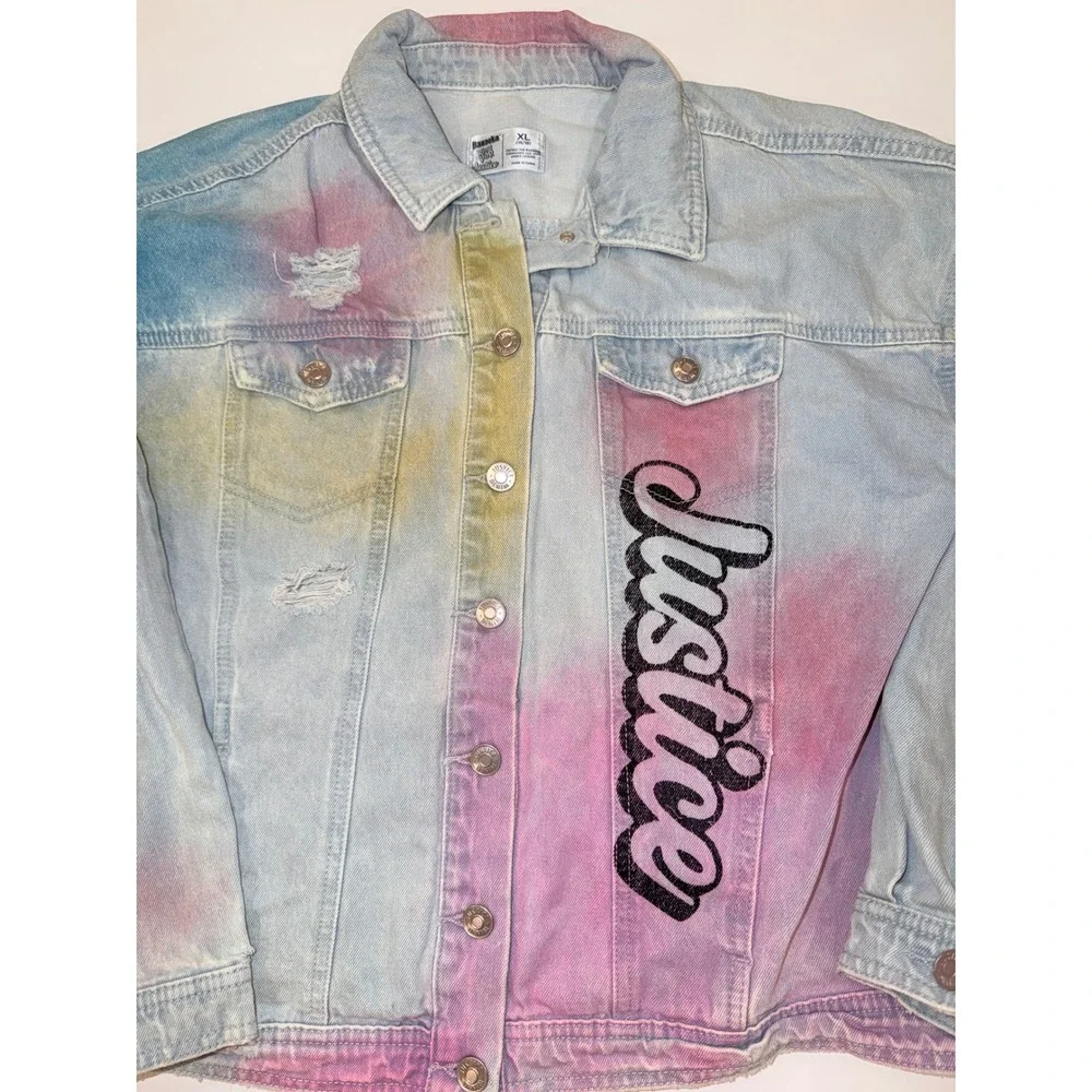 Justice x Bazooka Ring Pop Girls Tie Dye Denim Jacket XL 16/18 Distressed Candy